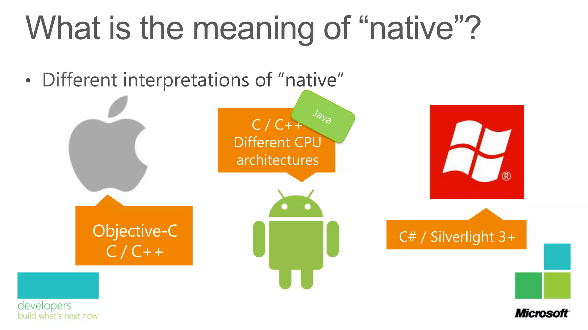 C / C++
Different CPU
architectures




                C# / Silverlight 3+
 