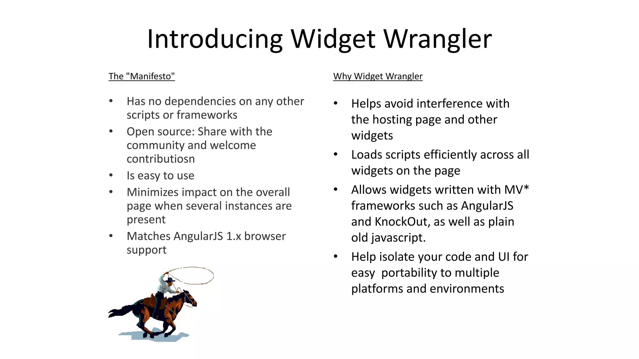 Introducing Widget Wrangler
The "Manifesto" Why Widget Wrangler
• Has no dependencies on any other
scripts or frameworks
• Open source: Share with the
community and welcome
contributiosn
• Is easy to use
• Minimizes impact on the overall
page when several instances are
present
• Matches AngularJS 1.x browser
support
• Helps avoid interference with
the hosting page and other
widgets
• Loads scripts efficiently across all
widgets on the page
• Allows widgets written with MV*
frameworks such as AngularJS
and KnockOut, as well as plain
old javascript.
• Help isolate your code and UI for
easy portability to multiple
platforms and environments
 