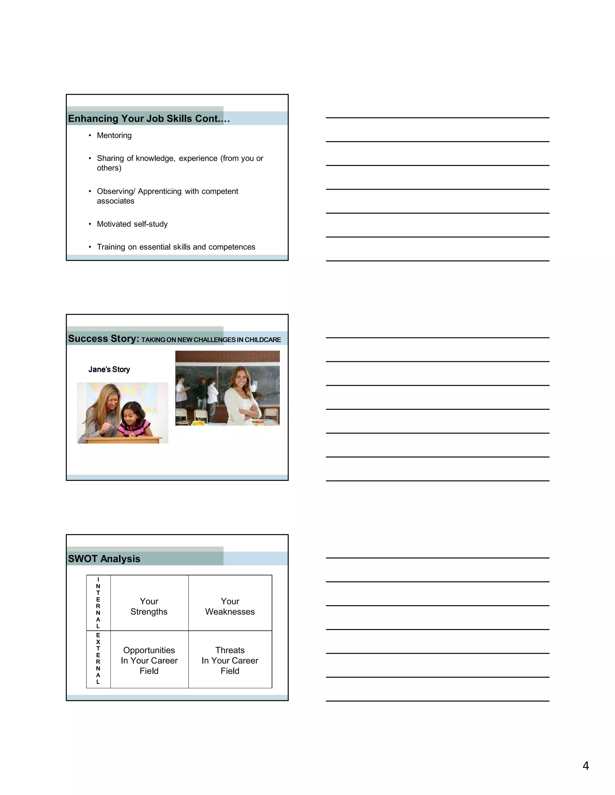 Enhancing Your Job Skills Cont.…
    • Mentoring

    • Sharing of knowledge, experience (from you or
      others)

    • Observing/ Apprenticing with competent
      associates

    • Motivated self-study

    • Training on essential skills and competences




Success Story: TAKING ON NEW CHALLENGES IN CHILDCARE


    Jane’s Story




SWOT Analysis
      I
      N
      T
      E
      R
                     Your              Your
      N            Strengths        Weaknesses
      A
      L
      E
      X
      T
      E
              Opportunities            Threats
      R      In Your Career        In Your Career
      N
      A
                  Field                 Field
      L




                                                       4
 