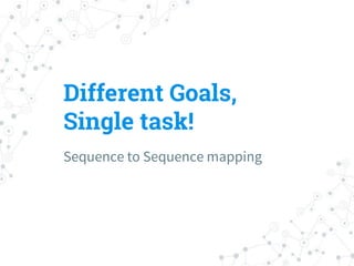 Different Goals,
Single task!
Sequence to Sequence mapping
 