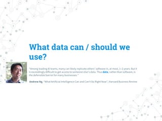 What data can / should we
use?
“Among leading AI teams, many can likely replicate others’ software in, at most, 1–2 years. But it
is exceedingly difficult to get access to someone else’s data. Thus data, rather than software, is
the defensible barrier for many businesses.”
Andrew Ng, “What Artificial Intelligence Can and Can’t Do Right Now”, Harvard Business Review
 