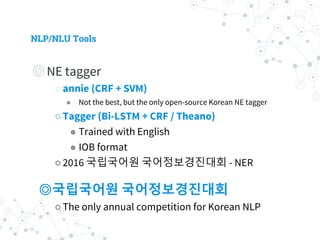NLP/NLU Tools
◎ NE tagger
○ annie (CRF + SVM)
◉ Not the best, but the only open-source Korean NE tagger
○ Tagger (Bi-LSTM + CRF / Theano)
◉ Trained with English
◉ IOB format
○ 2016 국립국어원 국어정보경진대회 - NER
◎ 국립국어원 국어정보경진대회
○ The only annual competition for Korean NLP
 