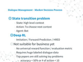 Dialogue Management - Markov Decision Process
◎ State transition problem
○ State: high level context
○ Action: To choose next context
○ Agent: Bot
◎ Deep RL
○ Imitation / Forward Prediction / HRED
◎ Not suitable for business yet
○ No universal reward function / evaluation metric
○ Requires huge labeled dialogue data
○ Top papers are still solving toy problems
◉ accuracy < 50% or # of action < 10
 