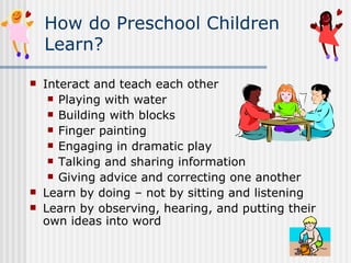 How do Preschool Children Learn? Interact and teach each other Playing with water Building with blocks Finger painting Engaging in dramatic play Talking and sharing information Giving advice and correcting one another Learn by doing – not by sitting and listening Learn by observing, hearing, and putting their own ideas into word 