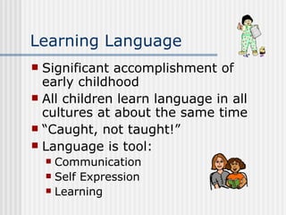 Learning Language Significant accomplishment of early childhood All children learn language in all cultures at about the same time “Caught, not taught!” Language is tool: Communication Self Expression Learning 