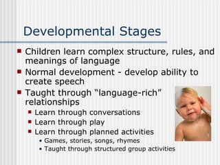 Developmental Stages Children learn complex structure, rules, and meanings of language Normal development - develop ability to create speech Taught through “language-rich” relationships Learn through conversations Learn through play Learn through planned activities Games, stories, songs, rhymes Taught through structured group activities 