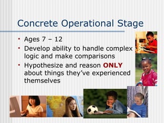 Concrete Operational Stage  Ages 7 – 12 Develop ability to handle complex logic and make comparisons Hypothesize and reason  ONLY  about things they’ve experienced themselves 