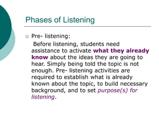 Phases of Listening
 Pre- listening:
Before listening, students need
assistance to activate what they already
know about the ideas they are going to
hear. Simply being told the topic is not
enough. Pre- listening activities are
required to establish what is already
known about the topic, to build necessary
background, and to set purpose(s) for
listening.
 