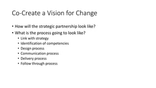 Co-Create a Vision for Change
• How will the strategic partnership look like?
• What is the process going to look like?
• Link with strategy
• Identification of competencies
• Design process
• Communication process
• Delivery process
• Follow through process
 