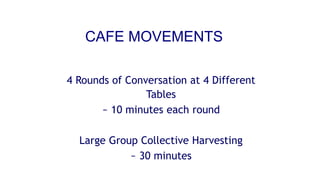 CAFE MOVEMENTS
4 Rounds of Conversation at 4 Different
Tables
~ 10 minutes each round
Large Group Collective Harvesting
~ 30 minutes
 