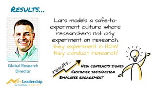 by Trail Ridge © 2005 - 2017
Results…
Lars models a safe-to-
experiment culture where
researchers not only
experiment on research,
they experiment in HOW
they conduct research!
Global Research
Director
Employee engagement
Customer satisfaction
New contracts signed
results…
 