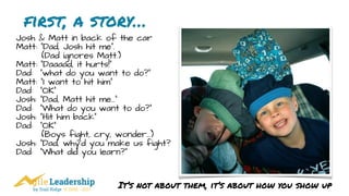 by Trail Ridge © 2005 - 2017
first, a story…
Josh & Matt in back of the car
Matt: “Dad, Josh hit me”.
(Dad ignores Matt.)
Matt: “Daaaad, it hurts!”
Dad: “what do you want to do?”
Matt: “I want to hit him”
Dad: “OK”
Josh: “Dad, Matt hit me…”
Dad: “What do you want to do?”
Josh: “Hit him back”
Dad: “OK”
(Boys fight, cry, wonder…)
Josh: “Dad, why’d you make us fight?
Dad: “What did you learn?”
It’s not about them, it’s about how you show up
 