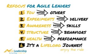 by Trail Ridge © 2005 - 2017
Refocus for Agile Leaders
You others
Awareness skills
health performance
Experiments delivery
structure behaviors
It’s a Lifelong Journey!6.
enjoy the ride
before
before
before
before
before
 