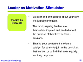 Leader as Motivation Stimulator

                     •   Be clear and enthusiastic about your own
        Inspire by     ...