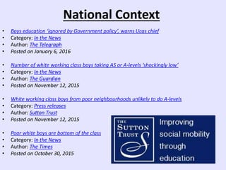 • Boys education ‘ignored by Government policy’, warns Ucas chief
• Category: In the News
• Author: The Telegraph
• Posted on January 6, 2016
• Number of white working class boys taking AS or A-levels ‘shockingly low’
• Category: In the News
• Author: The Guardian
• Posted on November 12, 2015
• White working class boys from poor neighbourhoods unlikely to do A-levels
• Category: Press releases
• Author: Sutton Trust
• Posted on November 12, 2015
• Poor white boys are bottom of the class
• Category: In the News
• Author: The Times
• Posted on October 30, 2015
National Context
 