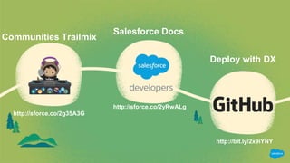 Communities Trailmix
http://sforce.co/2g35A3G
Deploy with DX
http://bit.ly/2x9iYNY
Salesforce Docs
http://sforce.co/2yRwALg
 