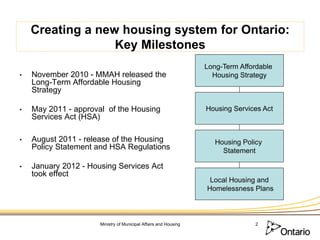 Creating a new housing system for Ontario:
                  Key Milestones
                                                                  Long-Term Affordable
•   November 2010 - MMAH released the                               Housing Strategy
    Long-Term Affordable Housing
    Strategy

•   May 2011 - approval of the Housing                            Housing Services Act
    Services Act (HSA)

•   August 2011 - release of the Housing                             Housing Policy
    Policy Statement and HSA Regulations                               Statement

•   January 2012 - Housing Services Act
    took effect
                                                                   Local Housing and
                                                                  Homelessness Plans



                      Ministry of Municipal Affairs and Housing                  2
 