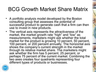 BCG Growth Market Share Matrix A portfolio analysis model developed by the Boston consulting group that assesses the potential of successful product to generate cash that a firm can then use to invest in new products. The vertical axis represents the attractiveness of the market, the market growth rate “high” and “low” as measurements, marketers might ask whether the total market for the product is growing 10 percent, 50 percent, 100 percent, or 200 percent annually. The horizontal axis shows the company’s current strength in the market through its relative market share. The marketers might ask whether the firm has 5 percent, 25 percent, or perhaps 75 percent of the current market. Combining the two axes creates four quadrants representing four different types of products or businesses. 