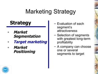 Marketing Strategy Evaluation of each segment’s attractiveness Selection of segments with greatest long-term profitability A company can choose one or several segments to target Strategy Market Segmentation Target marketing Market Positioning 