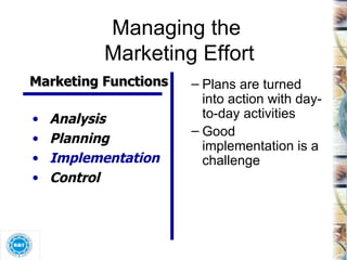 Managing the  Marketing Effort Plans are turned into action with day-to-day activities  Good implementation is a challenge Marketing Functions Analysis Planning Implementation Control 