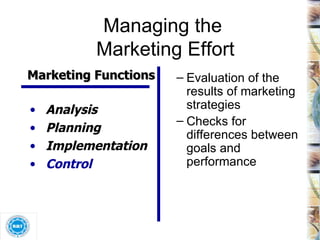 Managing the  Marketing Effort Evaluation of the results of marketing strategies Checks for differences between goals and performance Marketing Functions Analysis Planning Implementation Control 