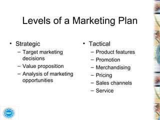 Levels of a Marketing Plan Strategic Target marketing decisions Value proposition Analysis of marketing opportunities Tactical Product features Promotion Merchandising Pricing Sales channels Service 