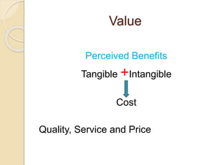 Value 
Perceived Benefits 
Tangible +Intangible 
Cost 
Quality, Service and Price 
 