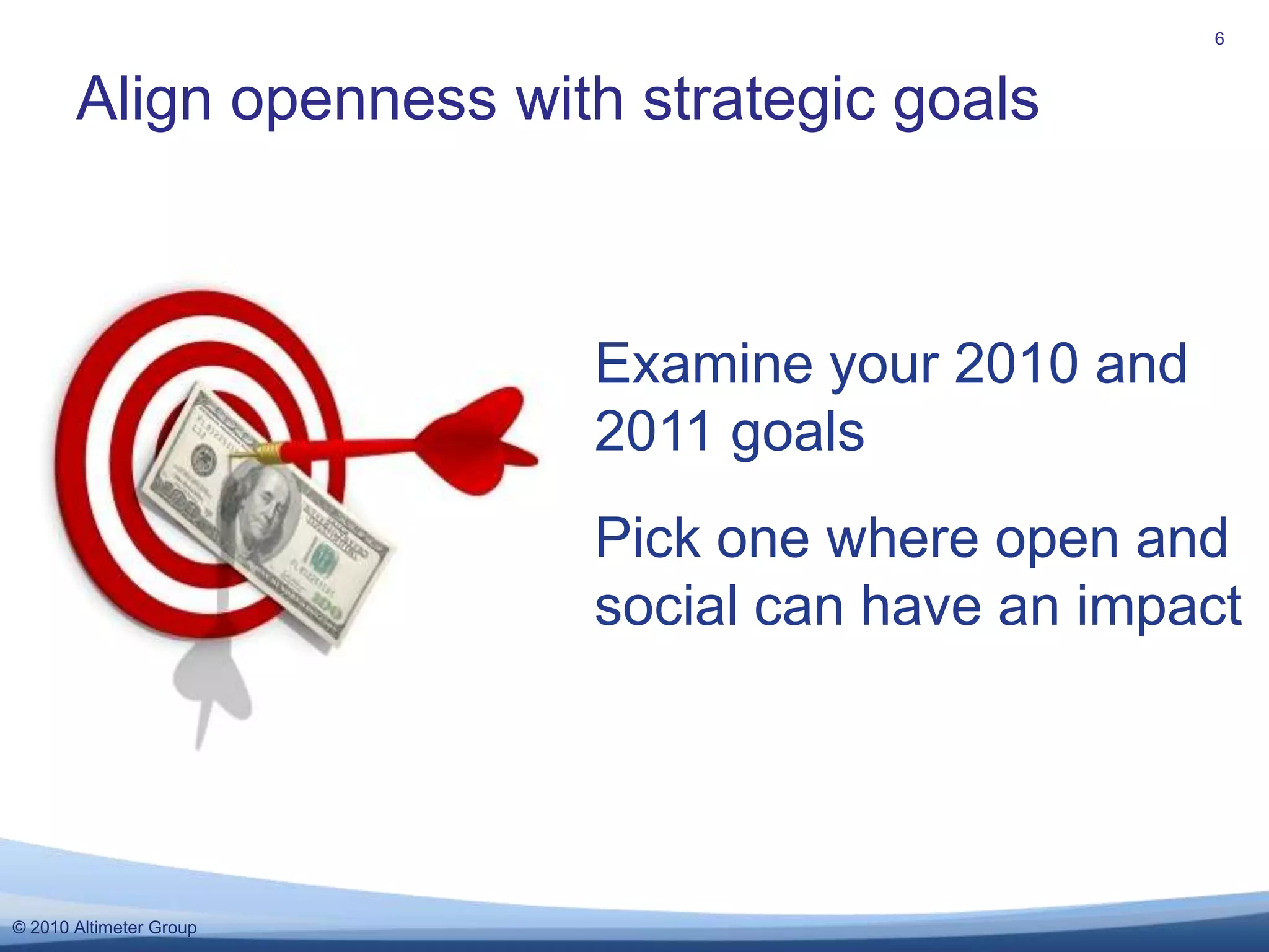 Align openness with strategic goals6Examine your 2010 and 2011 goalsPick one where open and social can have an impact 