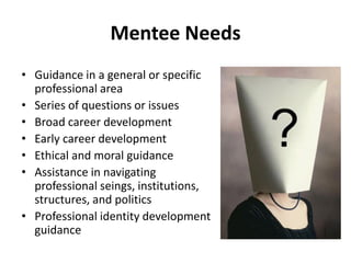 Advice to Potential Mentors



• Recognize that mentee may be uncomfortable
  asking for help – break ice by sharing some ...