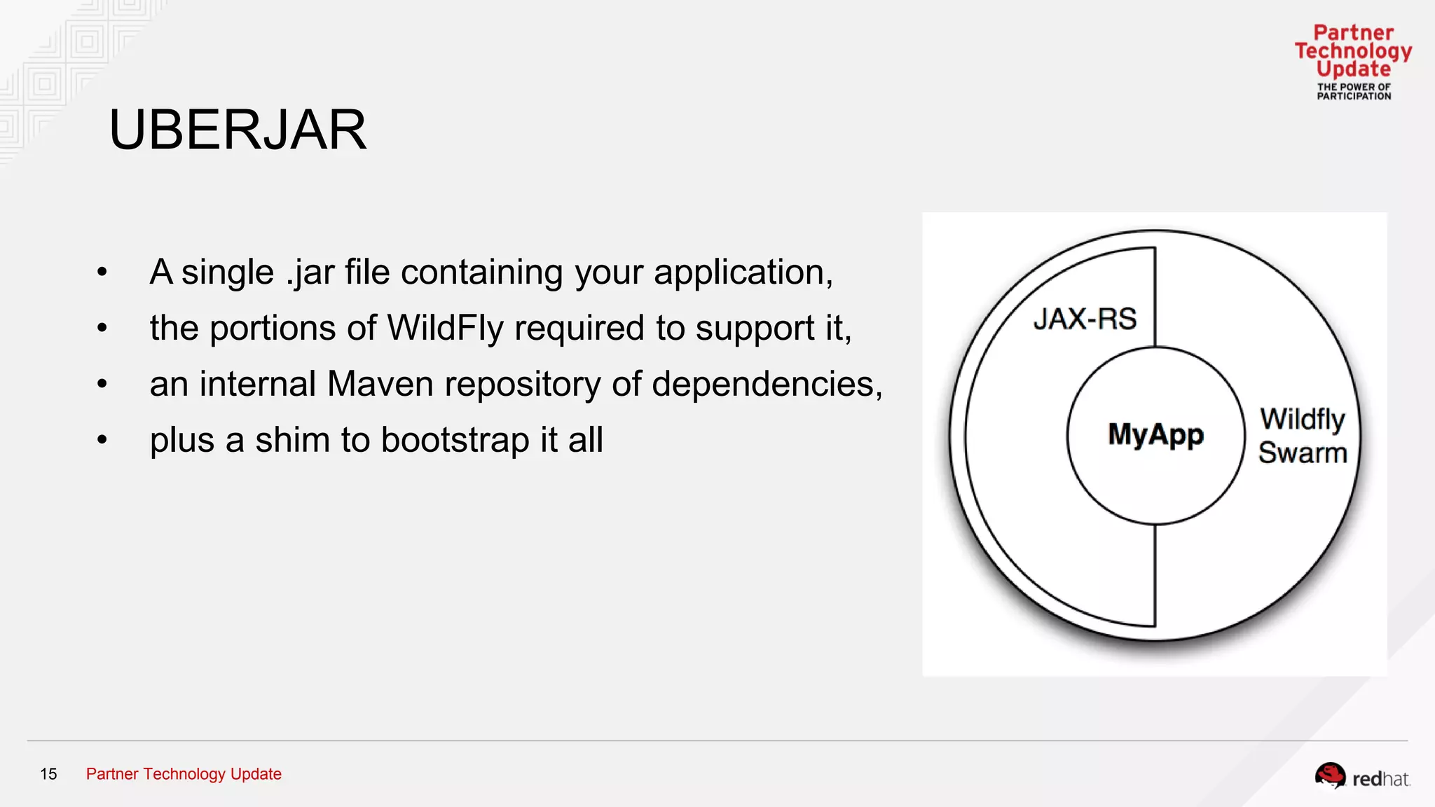 Partner Technology Update15
UBERJAR
• A single .jar file containing your application,
• the portions of WildFly required to support it,
• an internal Maven repository of dependencies,
• plus a shim to bootstrap it all
 