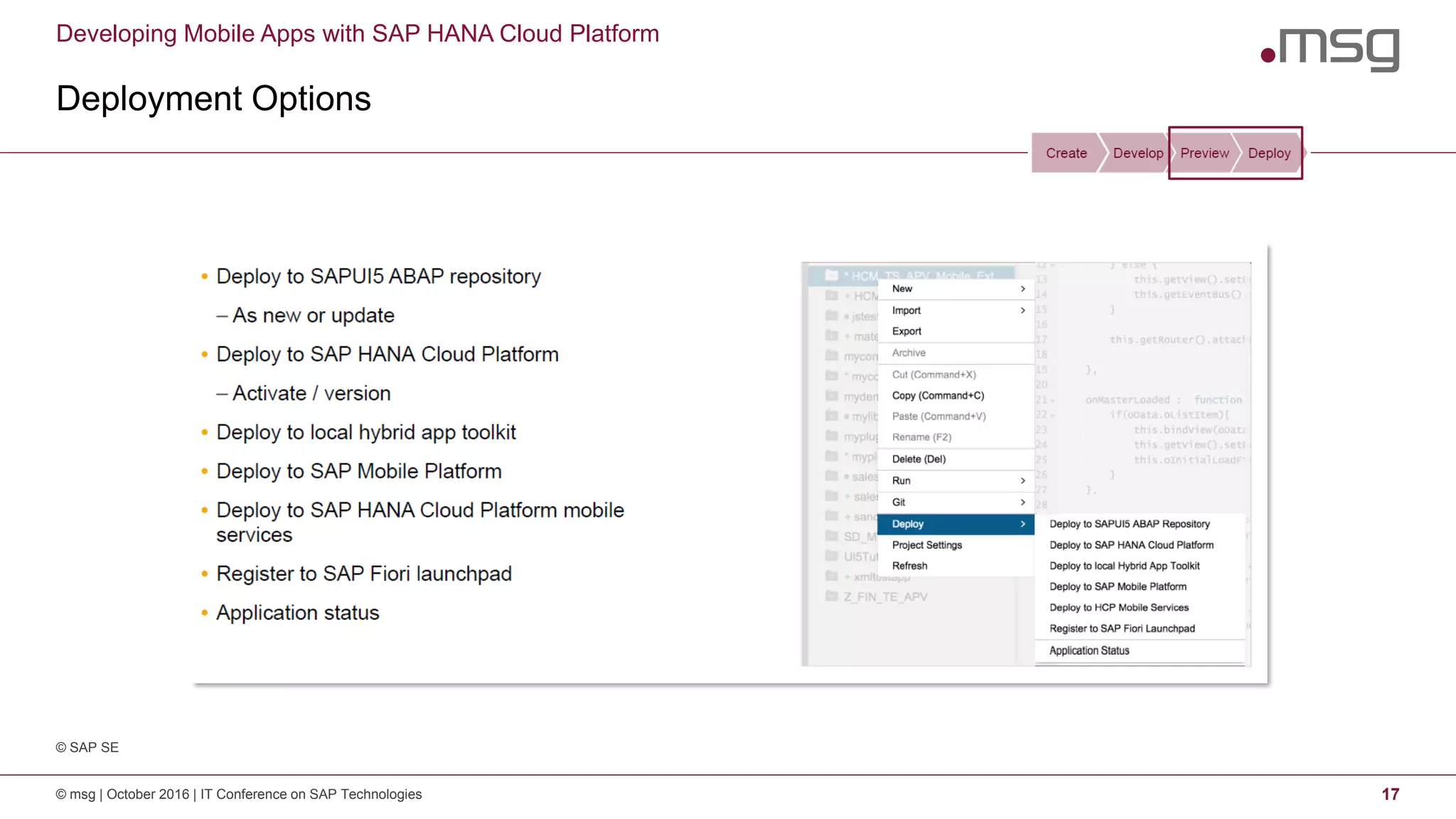 Developing Mobile Apps with SAP HANA Cloud Platform
Deployment Options
© msg | October 2016 | IT Conference on SAP Technologies 17
© SAP SE
 