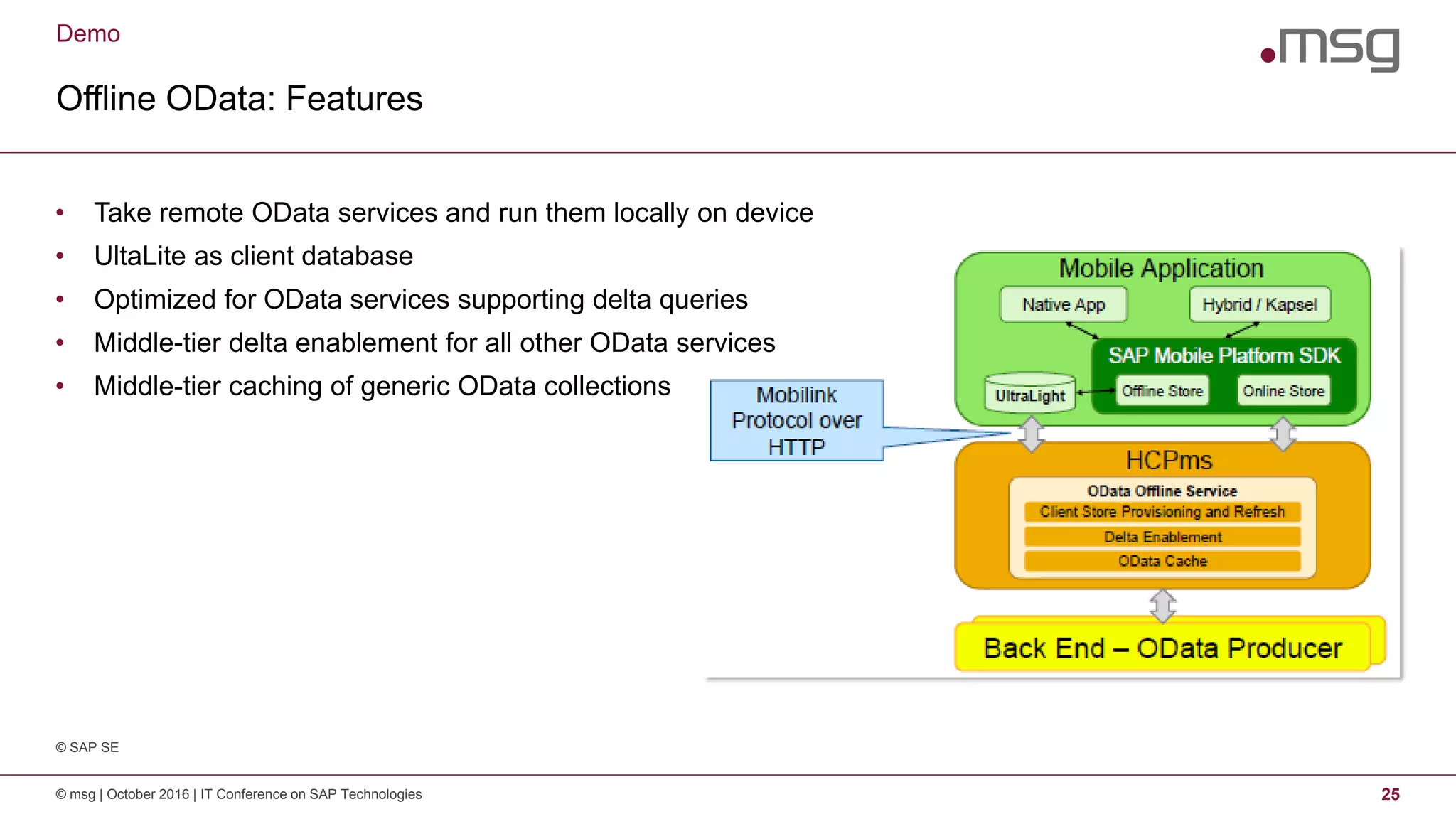 Demo
Offline OData: Features
© msg | October 2016 | IT Conference on SAP Technologies 25
• Take remote OData services and run them locally on device
• UltaLite as client database
• Optimized for OData services supporting delta queries
• Middle-tier delta enablement for all other OData services
• Middle-tier caching of generic OData collections
© SAP SE
 