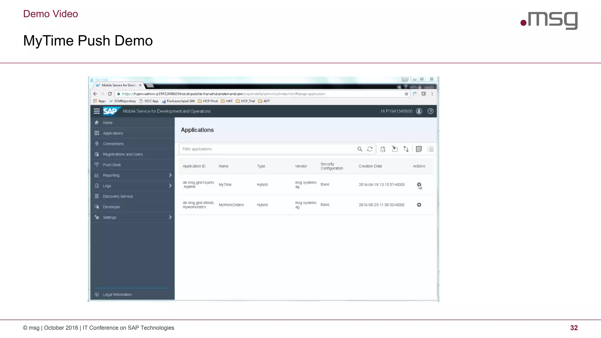Demo Video
MyTime Push Demo
© msg | October 2016 | IT Conference on SAP Technologies 32
 