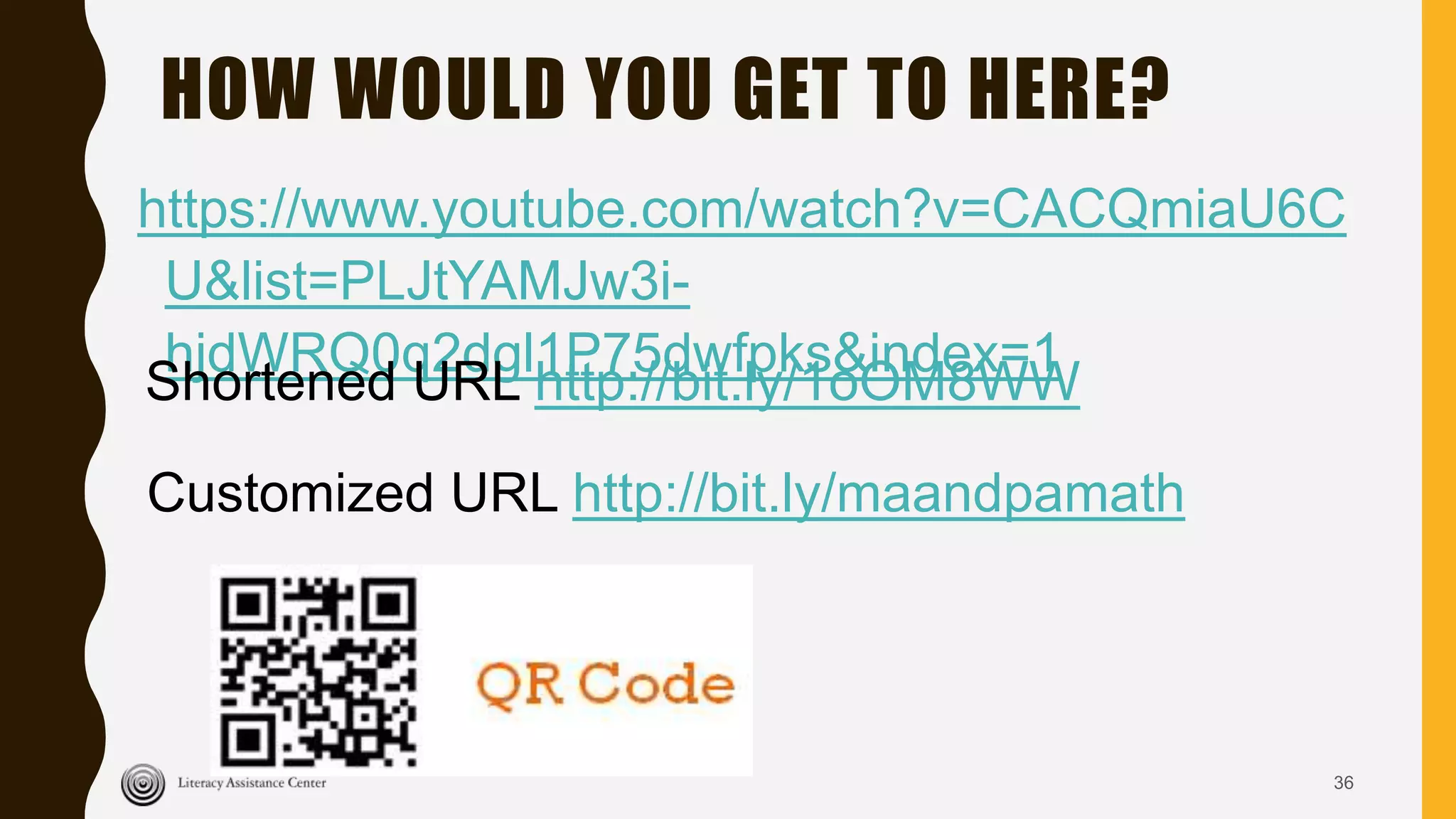 HOW WOULD YOU GET TO HERE?
https://www.youtube.com/watch?v=CACQmiaU6C
U&list=PLJtYAMJw3i-
hjdWRQ0q2dgl1P75dwfpks&index=1
36
Shortened URL http://bit.ly/1oOM8WW
Customized URL http://bit.ly/maandpamath
 