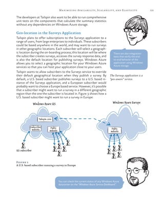 125Maximizing Availability, Scalability, and Elasticity
The developers at Tailspin also want to be able to run comprehensive
unit tests on the components that calculate the summary statistics
without any dependencies on Windows Azure storage.
Geo-location in the Surveys Application
Tailspin plans to offer subscriptions to the Surveys application to a
range of users, from large enterprises to individuals. These subscribers
could be based anywhere in the world, and may want to run surveys
in other geographic locations. Each subscriber will select a geograph-
ic location during the on-boarding process; this location will be where
the subscriber creates surveys, accesses the survey response data, and
is also the default location for publishing surveys. Windows Azure
allows you to select a geographic location for your Windows Azure
services so that you can host your application close to your users.
Tailspin wants to allow subscribers to the Surveys service to override
their default geographical location when they publish a survey. By
default, a U.S. based subscriber publishes surveys to a U.S. based in-
stance of the Surveys application, and a European subscriber would
probably want to choose a Europe based service. However, it’s possible
that a subscriber might want to run a survey in a different geographic
region than the one the subscriber is located in. Figure 3 shows how a
U.S. based subscriber might want to run a survey in Europe:
There are also integration
tests that verify the end-
to-end behavior of the
application using Windows
Azure storage.
The Surveys application is a
“geo-aware” service.
US subscriber
Windows Azure US Windows Azure Europe
Tailspin core
Subscriber
website
Public
website
Public
website
Figure 3
A U.S. based subscriber running a survey in Europe
You can check the current status of any Windows Azure
datacenter on the “Windows Azure Service Dashboard.”
 