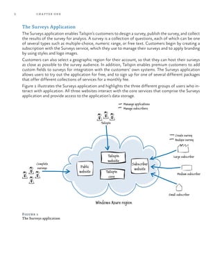 2 chapter one
The Surveys Application
The Surveys application enables Tailspin’s customers to design a survey, publish the survey, and collect
the results of the survey for analysis. A survey is a collection of questions, each of which can be one
of several types such as multiple-choice, numeric range, or free text. Customers begin by creating a
subscription with the Surveys service, which they use to manage their surveys and to apply branding
by using styles and logo images.
Customers can also select a geographic region for their account, so that they can host their surveys
as close as possible to the survey audience. In addition, Tailspin enables premium customers to add
custom fields to surveys for integration with the customers’ own systems. The Surveys application
allows users to try out the application for free, and to sign up for one of several different packages
that offer different collections of services for a monthly fee.
Figure 1 illustrates the Surveys application and highlights the three different groups of users who in-
teract with application. All three websites interact with the core services that comprise the Surveys
application and provide access to the application’s data storage.
Public
website
Tailspin
website
Tailspin
core
Subscriber
website
Tailspin
Complete
surveys
Manange applications
Manage subscribers
Create survey
Analyze survey
Large subscriber
Medium subscriber
Small subscriber
Windows Azure region
Figure 1
The Surveys application
 