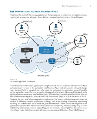 5The Tailspin Scenario
The Surveys Application Architecture
To achieve the goals of the Surveys application, Tailspin decided to implement the application as a
cloud-based service using Windows Azure. Figure 2 shows a high-level view of this architecture.
Figure 2
The Surveys application architecture
The architecture of the Surveys application is straightforward, and one that many other Windows Azure
applications use. The core of the application uses Windows Azure web roles, worker roles, and storage.
Figure 2 shows the three groups of users who access the application: the application owner, the public,
and the subscribers to the Surveys service (in this example, the tenants Adatum and Fabrikam). It also
highlights how the application uses Windows Azure SQL Database to provide a mechanism for subscrib-
ers to dump their survey results into a relational database so that they can analyze the results in detail.
This guide discusses how Tailspin designed and implemented the Surveys application as a multi-tenant ap-
plication. It addresses common multi-tenant challenges such as partitioning, extensibility, provisioning,
testability, and customization. For example, the guide describes how Tailspin handles the integration of the
application’s authentication mechanism with a subscriber’s own security infrastructure by using a “feder-
ated identity with multiple partners” model. The guide also covers the reasoning behind the decision to use
a hybrid data model that comprises both Windows Azure storage and Windows Azure SQL Database.
Worker
MVC web
application
Storage
Application
owner
Dump results
Create survey
Fill survey
Survey
respondent
Survey tenant
Fabrikam
Windows Azure
SQL
Database
Adatum
Public accessTailspin (ISV)
Manage tenants
Access result dumps
 
