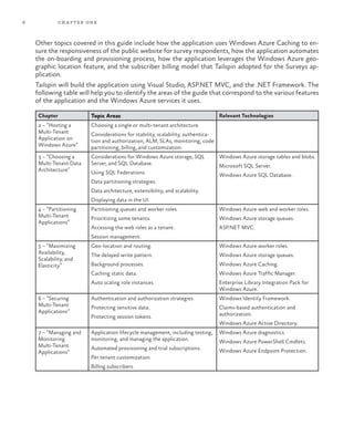 6 chapter one
Other topics covered in this guide include how the application uses Windows Azure Caching to en-
sure the responsiveness of the public website for survey respondents, how the application automates
the on-boarding and provisioning process, how the application leverages the Windows Azure geo-
graphic location feature, and the subscriber billing model that Tailspin adopted for the Surveys ap-
plication.
Tailspin will build the application using Visual Studio, ASP.NET MVC, and the .NET Framework. The
following table will help you to identify the areas of the guide that correspond to the various features
of the application and the Windows Azure services it uses.
Chapter Topic Areas Relevant Technologies
2 – “Hosting a
Multi-Tenant
Application on
Windows Azure”
Choosing a single or multi-tenant architecture.
Considerations for stability, scalability, authentica-
tion and authorization, ALM, SLAs, monitoring, code
partitioning, billing, and customization.
3 – “Choosing a
Multi-Tenant Data
Architecture”
Considerations for Windows Azure storage, SQL
Server, and SQL Database.
Using SQL Federations.
Data partitioning strategies.
Data architecture, extensibility, and scalability.
Displaying data in the UI.
Windows Azure storage tables and blobs.
Microsoft SQL Server.
Windows Azure SQL Database.
4 – “Partitioning
Multi-Tenant
Applications”
Partitioning queues and worker roles.
Prioritizing some tenants.
Accessing the web roles as a tenant.
Session management.
Windows Azure web and worker roles.
Windows Azure storage queues.
ASP.NET MVC.
5 – “Maximizing
Availability,
Scalability, and
Elasticity”
Geo-location and routing.
The delayed write pattern.
Background processes.
Caching static data.
Auto scaling role instances.
Windows Azure worker roles.
Windows Azure storage queues.
Windows Azure Caching.
Windows Azure Traffic Manager.
Enterprise Library Integration Pack for
Windows Azure.
6 – “Securing
Multi-Tenant
Applications”
Authentication and authorization strategies.
Protecting sensitive data.
Protecting session tokens.
Windows Identity Framework.
Claims-based authentication and
authorization.
Windows Azure Active Directory.
7 – “Managing and
Monitoring
Multi-Tenant
Applications”
Application lifecycle management, including testing,
monitoring, and managing the application.
Automated provisioning and trial subscriptions.
Per tenant customization.
Billing subscribers.
Windows Azure diagnostics.
Windows Azure PowerShell Cmdlets.
Windows Azure Endpoint Protection.
 