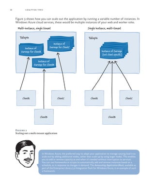 16 chapter two
Figure 3 shows how you can scale out the application by running a variable number of instances. In
Windows Azure cloud services, these would be multiple instances of your web and worker roles.
Instance of Surveys
(not client speciﬁc)
Tailspin
Instance of
Surveys for ClientB
Instance of
Surveys for ClientA
Instance of
Surveys for ClientC
Instance of
Surveys for ClientB
Tailspin
ClientA ClientAClientC
ClientAClientB
ClientA ClientAClientC
ClientAClientB
Multi-instance, single tenant Single instance, multi-tenant
Figure 3
Scaling out a multi-tenant application
In Windows Azure, the preferred way to adapt your application to manage varying load is to
scale out by adding additional nodes, rather than scale up by using larger nodes. This enables
you to add or remove capacity as and when it’s needed without interruption to services.
You can use frameworks or scripts to automatically add and remove instances based on a
schedule, or in response to changes in demand. The Autoscaling Application Block, available as
part of the Enterprise Library 5.0 Integration Pack for Windows Azure, is an example of such
a framework.
 