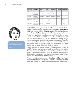 48 chapter three
Partition
key
Row key Slug
name
Title Product
name
Owner Promotion
adatum adatum_
survey-1
survey-1 Survey 1 Widgets
adatum adatum_
survey-2
survey-2 Survey 2 Gadgets Mary
fabrikam fabrikam_
survey-1
survey-1 Survey 1 Promo 1
fabrikam fabrikam_
survey-2
survey-2 Survey 2 Promo 2
The first Adatum survey only has the Product name custom field in the
surveys table; the second Adatum survey has both the Product name
and Owner custom fields in the surveys table. The two Fabrikam sur-
veys only have the Promotion custom field in the surveys table.
The Surveys application must be able to read from and write to the
custom fields in the Surveys table. The developers at Tailspin consid-
ered two approaches to this. The first was to use a custom DLL for
each tenant that was responsible for accessing the custom fields. The
second approach was to store details of the custom fields as part of
the tenant configuration data, and use this configuration data to de-
termine how to access the custom fields at runtime.
Tailspin selected the second approach for two reasons: there is no
need for Tailspin to create custom code for each tenant to support
that tenant’s custom fields. It is also easier to support different ver-
sions of the customization for a tenant. In the table of custom fields
shown earlier, you can see that Adatum changes the set of custom
fields it uses after it creates the first survey.
To read a more detailed discussion of RowKeys and PartitionKeys in
Windows Azure table storage, see Chapter 7, “Moving to Windows
Azure Table Storage” of the guide “Moving Applications to the Cloud.”
The Surveys table is a multi-
schema table. Each tenant
can specify its own custom
fields.
 