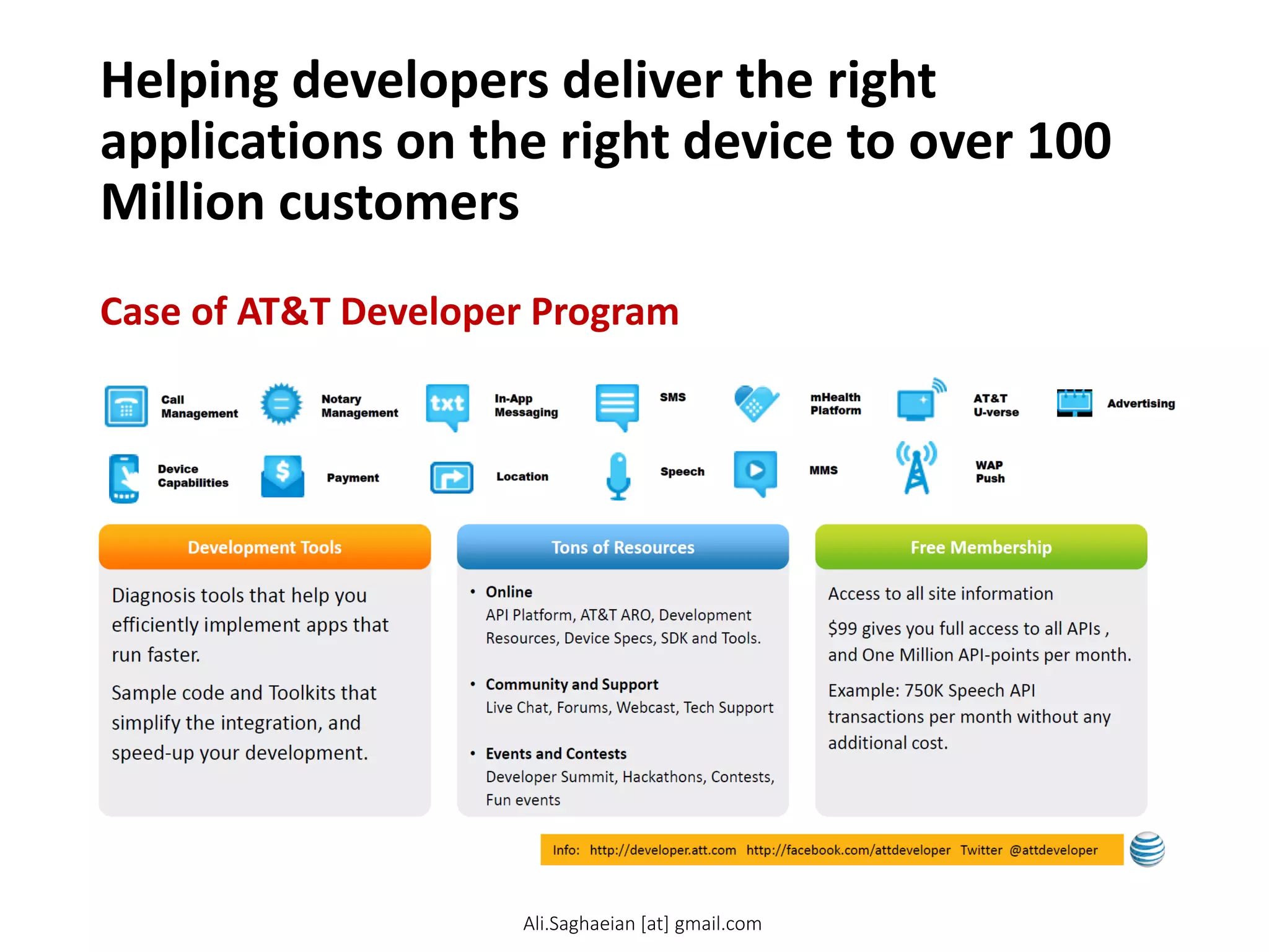 Helping developers deliver the right
applications on the right device to over 100
Million customers
Case of AT&T Developer Program
•Online API Platform, AT&T ARO, Development Resources, Device Specs, SDK and Tools.
•Community and Support Live Chat, Forums, Webcast, Tech Support
•Events and Contests Developer Summit, Hackathons, Contests, Fun events
Access to all site information $99 gives you full access to all APIs , and One Million API-points per month. Example: 750K Speech API transactions per month without any additional cost. Diagnosis tools that help you efficiently implement apps that run faster. Sample code and Toolkits that simplify the integration, and speed-up your development. Development Tools Tons of Resources
Free Membership
Ali.Saghaeian [at] gmail.com
 