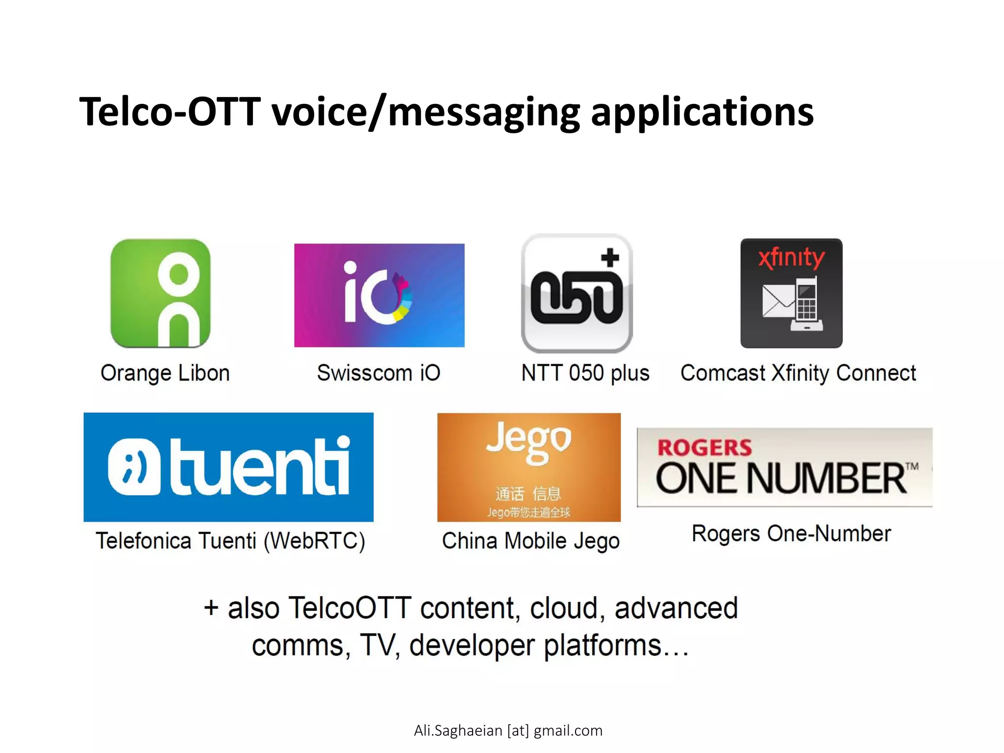 Telco-OTT voice/messaging applications
+ also TelcoOTT content, cloud, advanced comms, TV, developer platforms…
Orange Libon Swisscom iO
NTT 050 plus
Comcast Xfinity Connect
China Mobile Jego
Telefonica Tuenti (WebRTC)
Rogers One-Number
Ali.Saghaeian [at] gmail.com
 