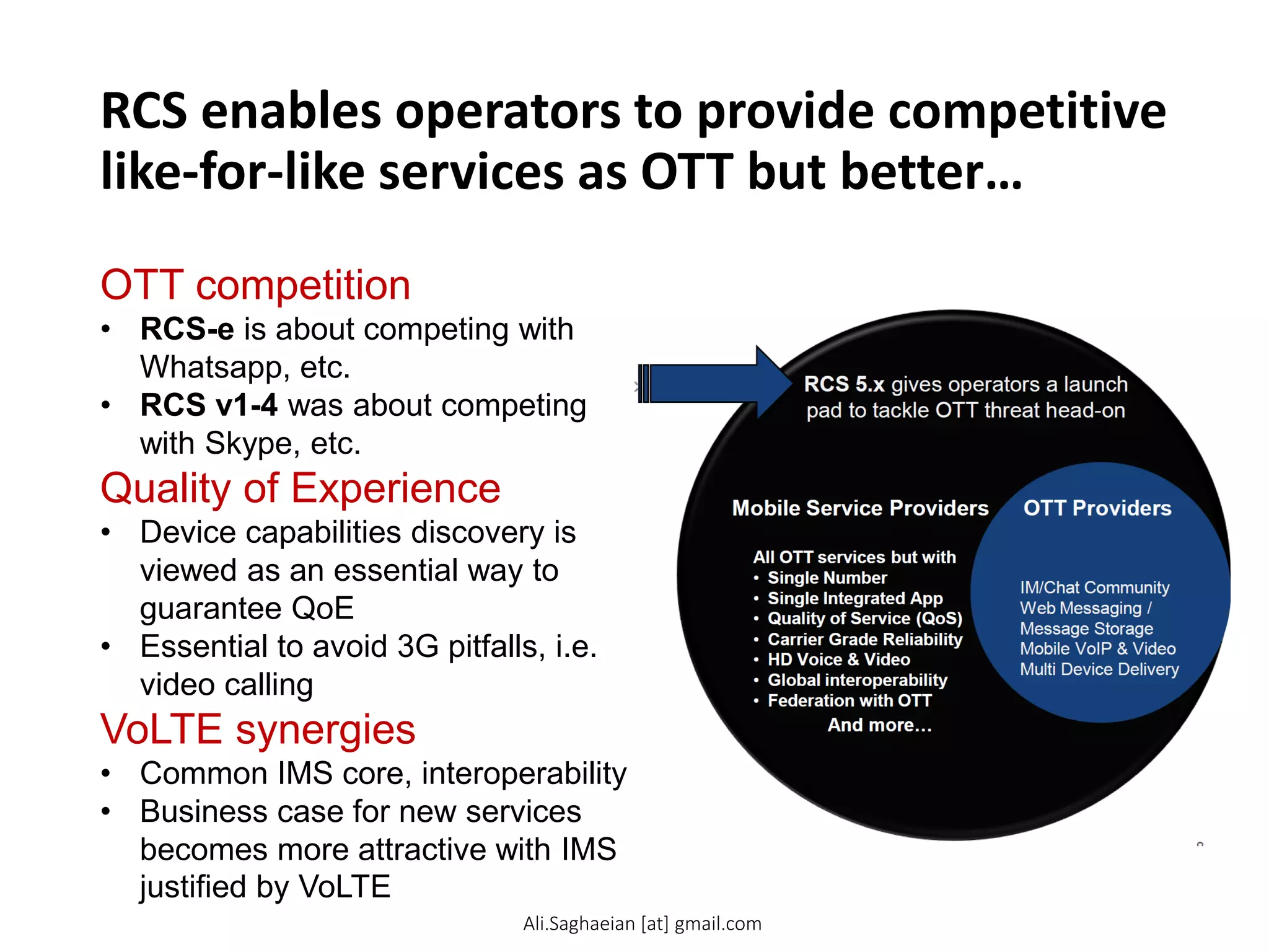 RCS enables operators to provide competitive
like-for-like services as OTT but better…
OTT competition
• RCS-e is about competing with
Whatsapp, etc.
• RCS v1-4 was about competing
with Skype, etc.
Quality of Experience
• Device capabilities discovery is
viewed as an essential way to
guarantee QoE
• Essential to avoid 3G pitfalls, i.e.
video calling
VoLTE synergies
• Common IMS core, interoperability
• Business case for new services
becomes more attractive with IMS
justified by VoLTE
IM/Chat Community Web Messaging / Message Storage Mobile VoIP & Video Multi Device Delivery All OTT services but with
•Single Number
•Single Integrated App
•Quality of Service (QoS)
•Carrier Grade Reliability
•HD Voice & Video
•Global interoperability
•Federation with OTT And more…
OTT Providers Mobile Service Providers
RCS 5.x gives operators a launch pad to tackle OTT threat head-on
Ali.Saghaeian [at] gmail.com
 
