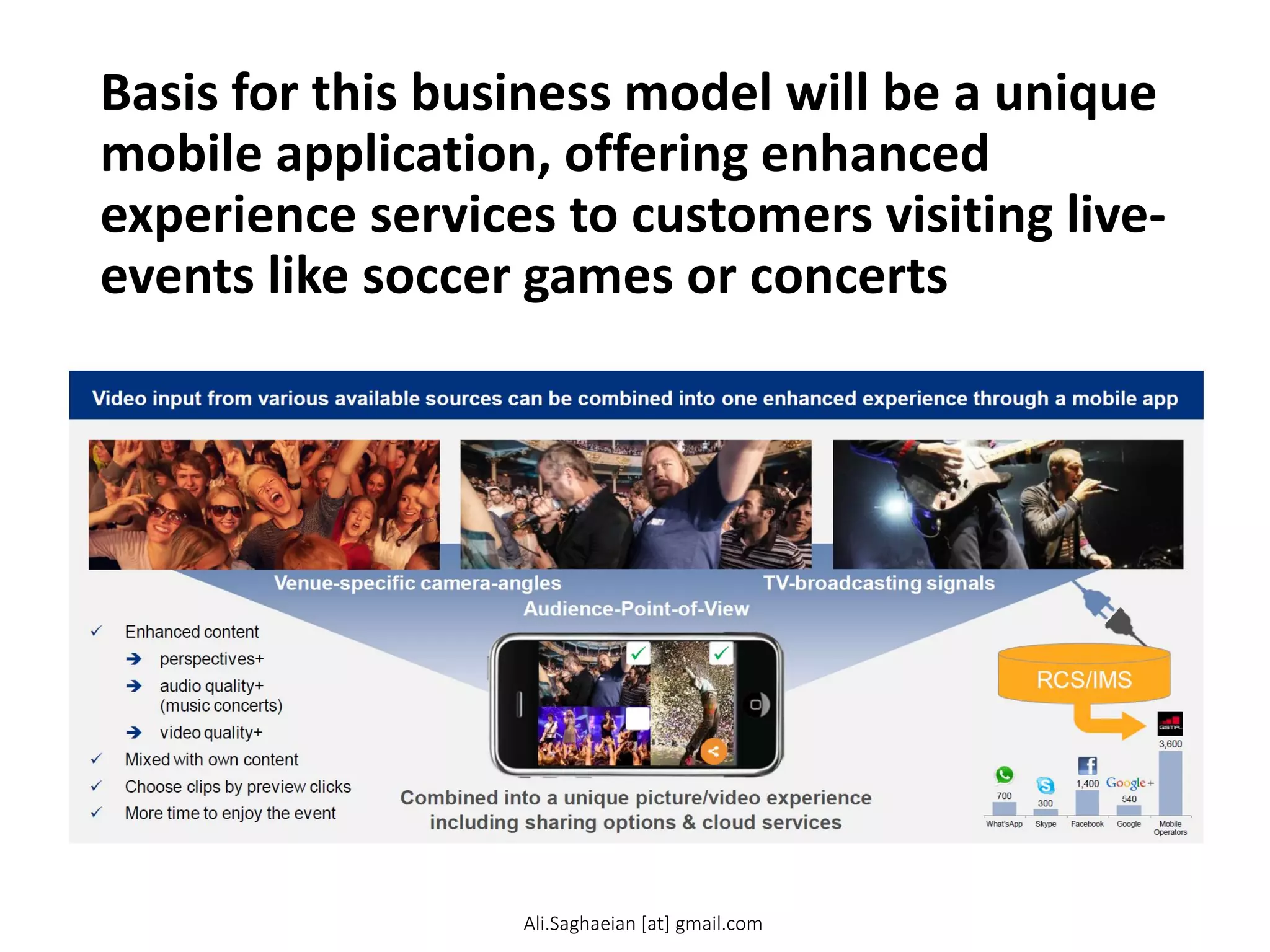 Basis for this business model will be a unique
mobile application, offering enhanced
experience services to customers visiting live-
events like soccer games or concerts
Combined into a unique picture/video experience
including sharing options & cloud services
RCS/IMS
540
300
700
1,400
Google
3,600
Mobile
Operators
What’sApp Skype Facebook
Network Enabled Services – Event Sharing 2.0
Video input from various available sources can be
combined into one enhanced experience through a
mobile app
Venue-specific camera-angles TV-broadcasting
signals
Audience-Point-of-View
 Enhanced content
 perspectives+
 audio quality+
(music concerts)
 video quality+
 Mixed with own content
 Choose clips by preview clicks
 More time to enjoy the event
Ali.Saghaeian [at] gmail.com
 