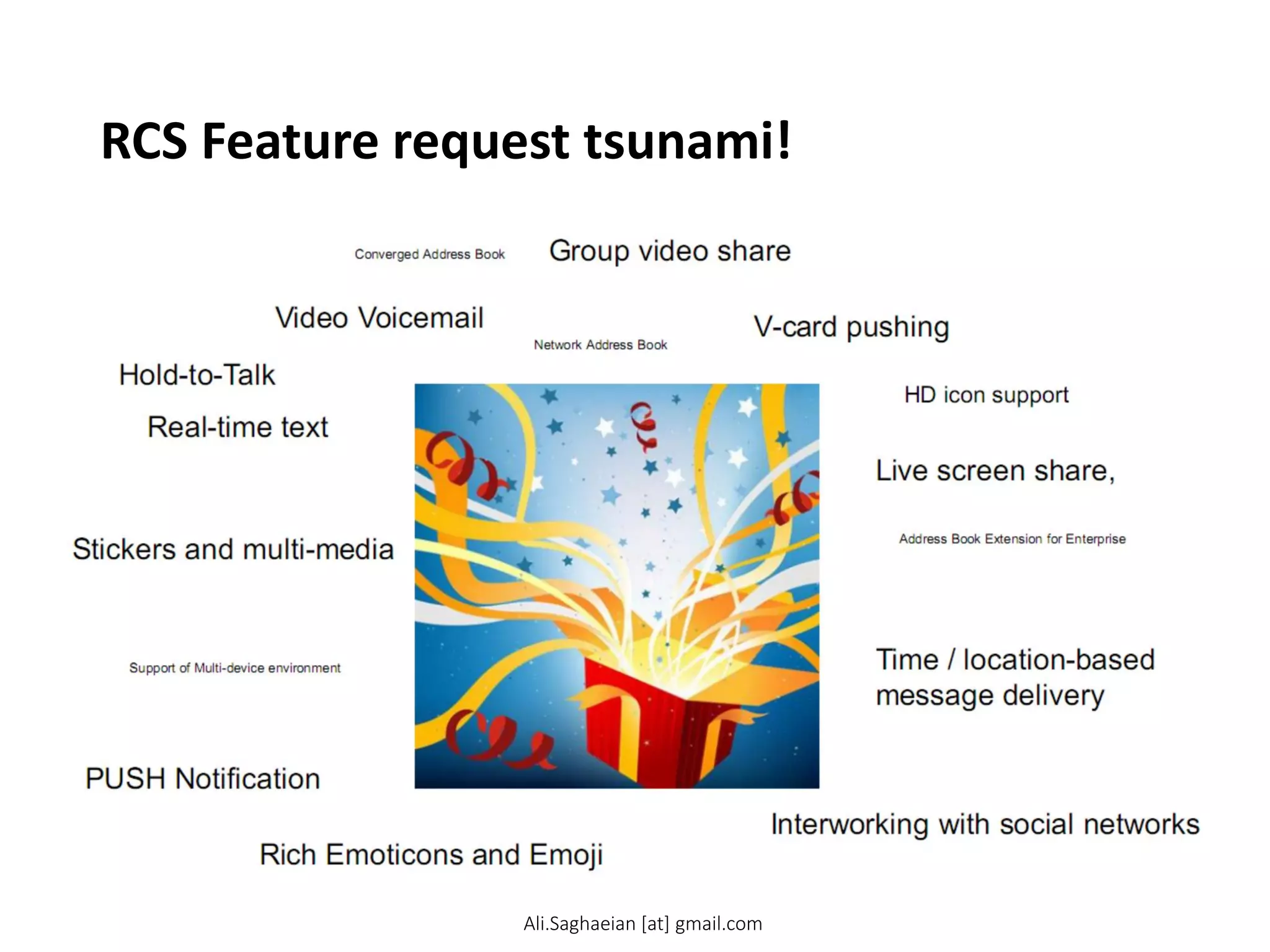 RCS Feature request tsunami!
Video Voicemail
V-card pushing
Live screen share,
live sketching
Real-time text
Stickers and multi-media
Time / location-based
message delivery
Group video share
OMA S-CAB as RCS NAB Framework
Network Address Book
Converged Address Book
Address Book Extension for Enterprise
Support of Multi-device environment
Concurrent multi PDN/PDP on UE
HD icon support
Hold-to-Talk
Interworking with social networks
PUSH Notification
Rich Emoticons and Emoji
Ali.Saghaeian [at] gmail.com
 