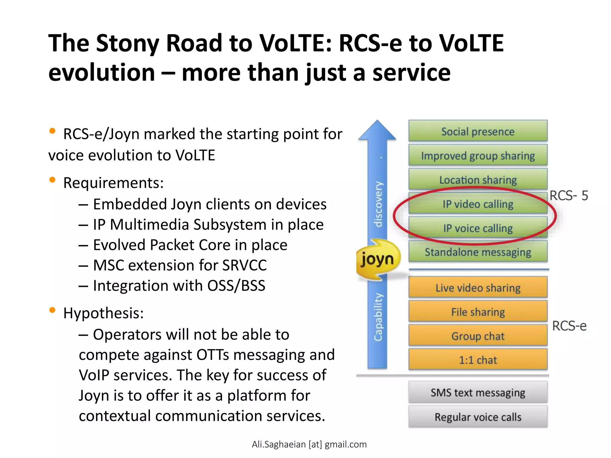 The Stony Road to VoLTE: RCS-e to VoLTE
evolution – more than just a service
• RCS-e/Joyn marked the starting point for
voice evolution to VoLTE
• Requirements:
– Embedded Joyn clients on devices
– IP Multimedia Subsystem in place
– Evolved Packet Core in place
– MSC extension for SRVCC
– Integration with OSS/BSS
• Hypothesis:
– Operators will not be able to
compete against OTTs messaging and
VoIP services. The key for success of
Joyn is to offer it as a platform for
contextual communication services.
Ali.Saghaeian [at] gmail.com
 