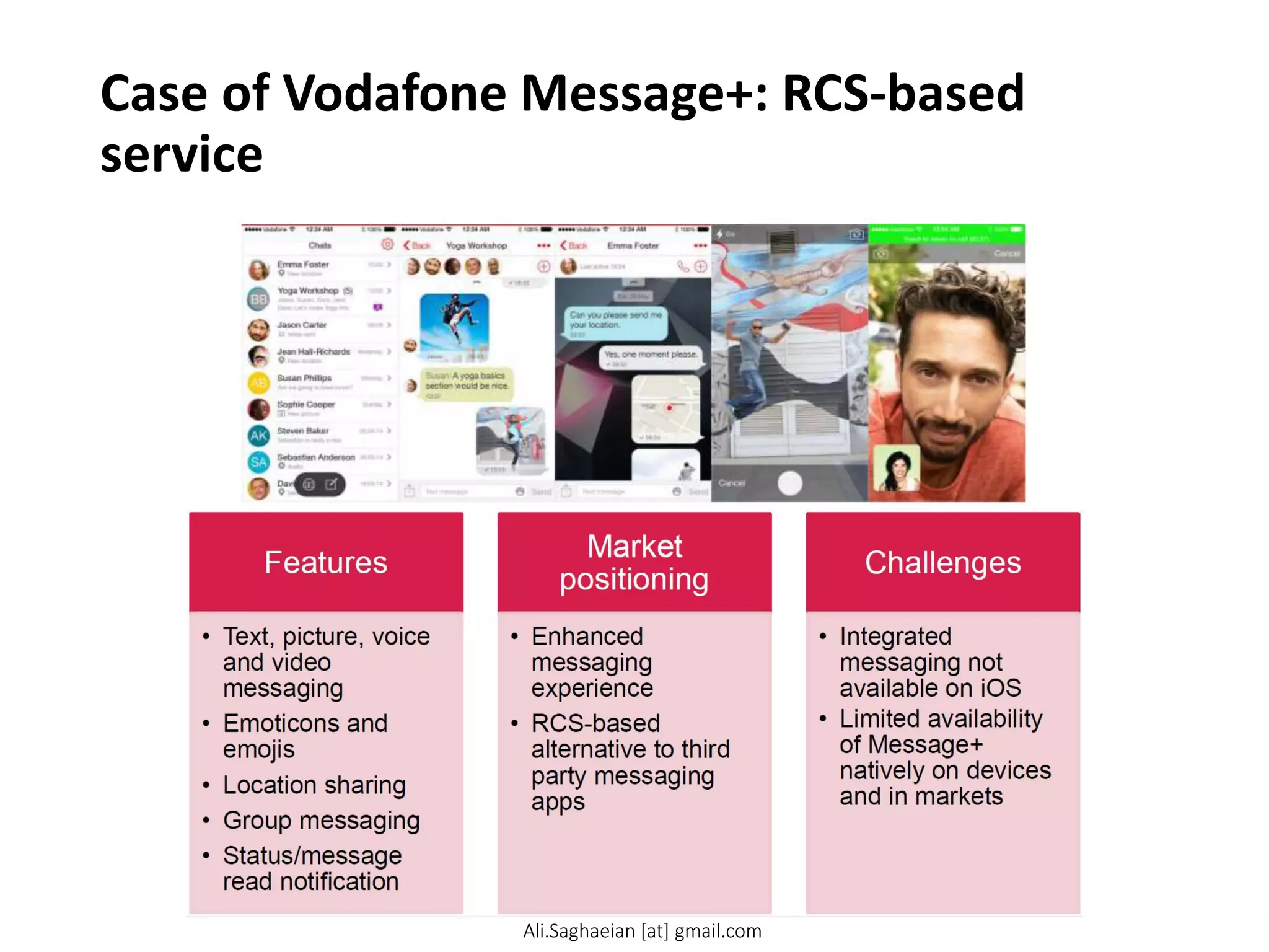 Case of Vodafone Message+: RCS-based
service
Features
• Text, picture, voice
and video
messaging
• Emoticons and
emojis
• Location sharing
• Group messaging
• Status/message
read notification
Market
positioning
• Enhanced
messaging
experience
• RCS-based
alternative to third
party messaging
apps
Challenges
• Integrated
messaging not
available on iOS
• Limited availability
of Message+
natively on devices
and in markets Ali.Saghaeian [at] gmail.com
 