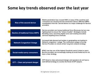 Some key trends observed over the last year
6
Rise of the second device 1
Mobile penetration has crossed 100% in many of the countries and consumers are carrying second connection/ device. Effective ARPU monetization from the second device is a major challenge for Service providers
Decline of traditional Voice ARPU
2
Service providers are losing traditional Voice Revenues but are now fighting back to ensure the “share of wallet”. Strategies include Bundling voice, launching digital voice and creating innovative services targeting voice revenues
Network Congestion/ Outage
3
Increased data demand and spikes in geographies are leading to Network congestion / outage. The continuous outage is forcing Service Providers to relook at their long term network strategy
Social media savvyconsumers
4
APAC now has one of the highest Facebook users/ Linked in users. Service providers are increasingly looking at social media but do not have a clear strategy.
OTT – Clear and present danger
5
OTT threat is clear and present danger and operators do not have a well defined strategy to counter the threat of OTT players.
Ali.Saghaeian [at] gmail.com
 