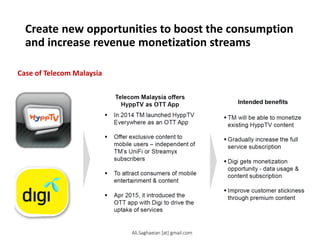 Create new opportunities to boost the consumption
and increase revenue monetization streams
Case of Telecom Malaysia
Ali.Saghaeian [at] gmail.com
 