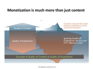 Monetization is much more than just content
Quality of Experience
Quality of Content
Content may be the most
visible component of the
Success Equation
Ignoring Quality of
Experience can put your
OTT offering in peril
Success = Quality of Content x Quality of Experience
Ali.Saghaeian [at] gmail.com
 